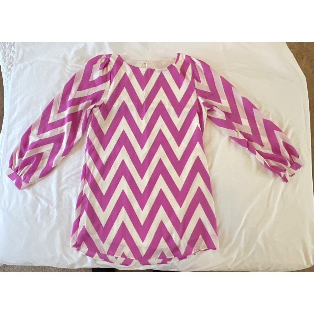 Chevron Pink & White Long Sleeve Dress By Everly  Small